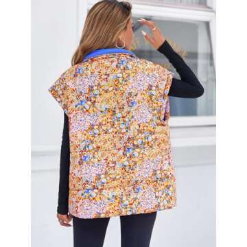 Tankaneo Womens Floral Oversized Puffer Vest Cap Sleeve Winter Warm Puffy Quilted Jackets Coat