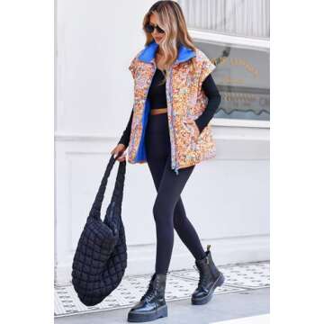 Tankaneo Womens Floral Oversized Puffer Vest Cap Sleeve Winter Warm Puffy Quilted Jackets Coat