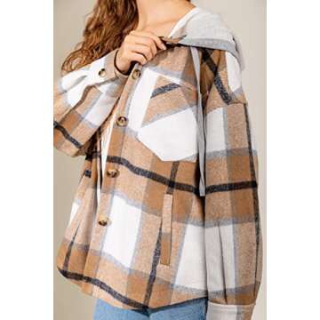 Beaully Women's Flannel Plaid Button Down Hoodies Casual Long Sleeve Oversized Hoodie Jacket Sweatshirt with Pockets 6047 Khaki Medium