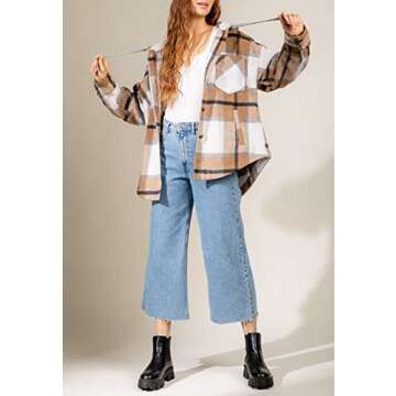 Beaully Women's Flannel Plaid Button Down Hoodies Casual Long Sleeve Oversized Hoodie Jacket Sweatshirt with Pockets 6047 Khaki Medium