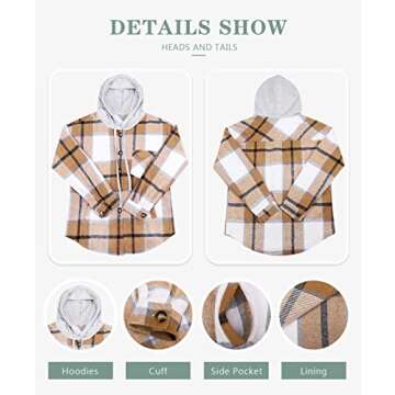 Beaully Women's Flannel Plaid Button Down Hoodies Casual Long Sleeve Oversized Hoodie Jacket Sweatshirt with Pockets 6047 Khaki Medium