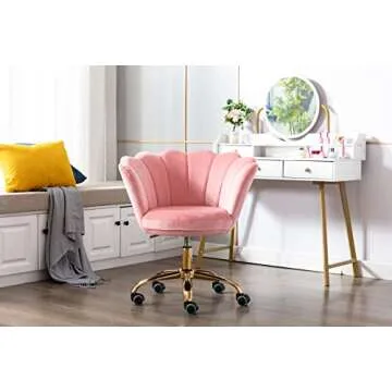 ZOBIDO Comfy Home Office Task Chair with Wheels, Cute Modern Upholstered Velvet Seashell Back Adjustable Swivel Vanity Desk Chair, for Women, for Girls, Living Room(Peach Pink)