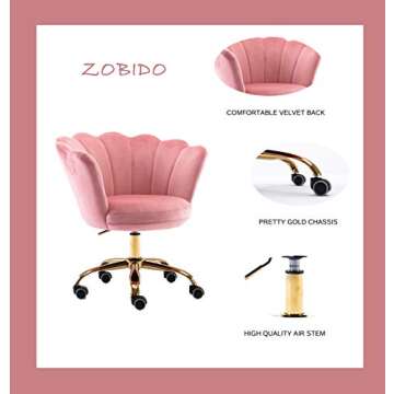 ZOBIDO Comfy Home Office Task Chair with Wheels, Cute Modern Upholstered Velvet Seashell Back Adjustable Swivel Vanity Desk Chair, for Women, for Girls, Living Room(Peach Pink)