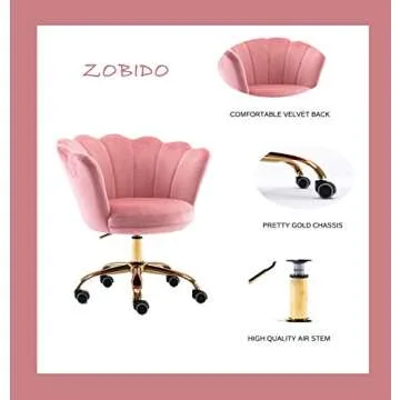 ZOBIDO Comfy Home Office Task Chair with Wheels, Cute Modern Upholstered Velvet Seashell Back Adjustable Swivel Vanity Desk Chair, for Women, for Girls, Living Room(Peach Pink)