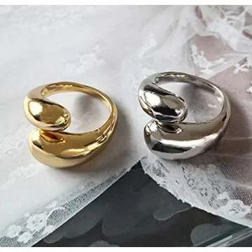 KURTCB Chunky Open Ring 14k Gold Plated Minimalist Adjustable Dome Teardrop Wide Bold Statement Ring for Women(Silver)