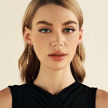 Dainty 18K Gold Plated Chain Earrings for Women - Long Threader Earring with Hypoallergenic Bar Drop...