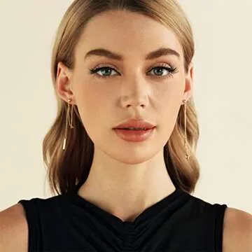 Dainty 18K Gold Plated Chain Earrings for Women - Long Threader Earring with Hypoallergenic Bar Drop...