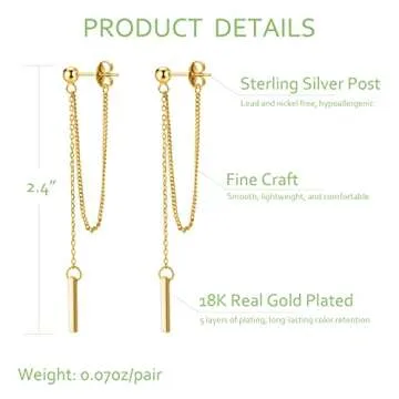 Dainty 18K Gold Plated Chain Earrings for Women - Long Threader Earring with Hypoallergenic Bar Drop Dangle Design, Elegant Line Dangly Jewelry Gift