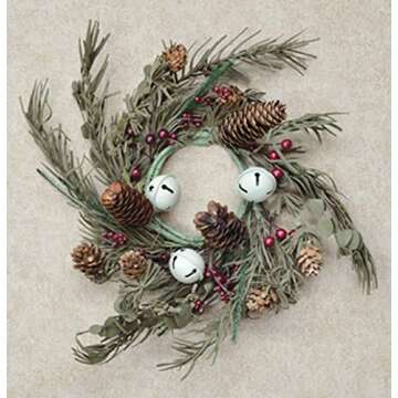 HAPPY DEALS ~ Country Bell Pine Candle Ring | 10 inch with 3.5 inch Center | Farmhouse Candle Ring or Wreath with Pinecones, Bells and Pip Berries