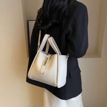 Trendy Vintage Bucket Bag Women's Crossbody Bucket Bag Work Handbag Carry all Shoulder Bag with Adjustable Strap (White)