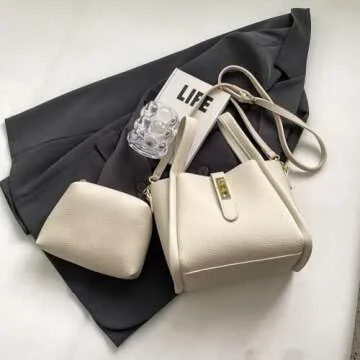 Trendy Vintage Bucket Bag Women's Crossbody Bucket Bag Work Handbag Carry all Shoulder Bag with Adjustable Strap (White)