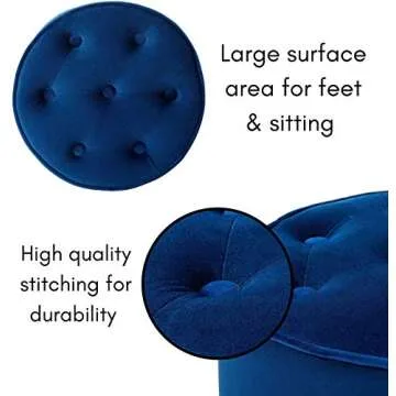 BIRDROCK HOME Tufted Navy Velvet Ottoman Foot Stool – Round - Soft Compact Padded Stool - Great for The Living Room, Bedroom and Kids Room - Upholstered Small Furniture