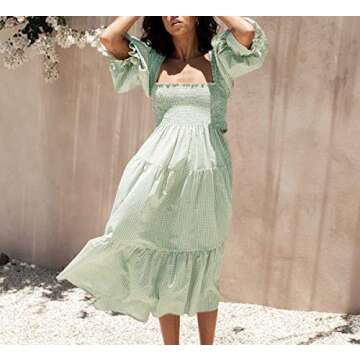 R.Vivimos Women's Summer Cotton Plaid Puff Sleeves Bow Casual Off-Shoulder Boho Midi Dress (Large,Gr...