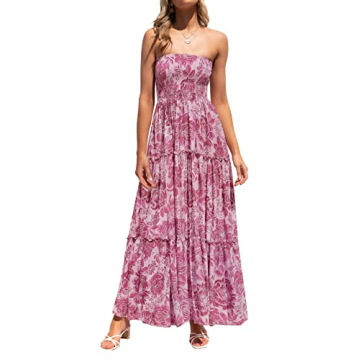 ZESICA Women's Summer Bohemian Floral Printed Strapless Beach Party Long Maxi Dress,Rosepink,Medium