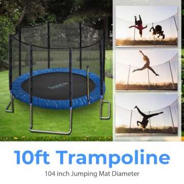 SereneLife Trampoline for Kids - Outdoor Recreational Backyard Trampoline with Net Enclosure, Basketball Hoop, Curved Safety Poles, UV-Tested Mat, Water-Resistant Padding, Up to 450 lbs.
