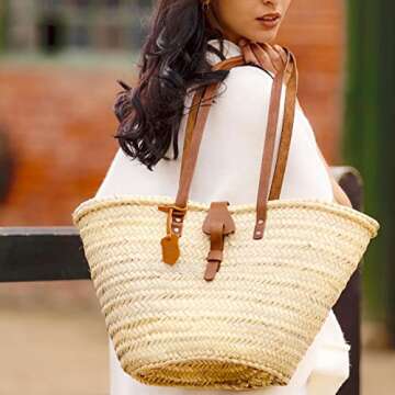 FRENCH BASKET straw bag with leather handles beach bag, straw bag, market basket, Moroccan Basket, C...