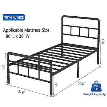 HOBINCHE Twin XL Metal Bed Frame with Headboard and Footboard, 14 Inch Black Heavy Duty Platform Bed...