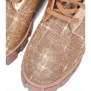 Cape Robbin Monalisa Combat Boots for Women, Platform Boots with Chunky Block Heels and Rhinestones Womens High Tops Boots,8,Rose Gold