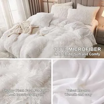 annadaif Plush White Queen Duvet Cover, Fluffy Soft Faux Fur Velvet Comforter Cover, Luxury Fuzzy Shaggy Bedding Sets 3 Pieces(1 Duvet Cover,2 Pillowcases), Zipper Closure