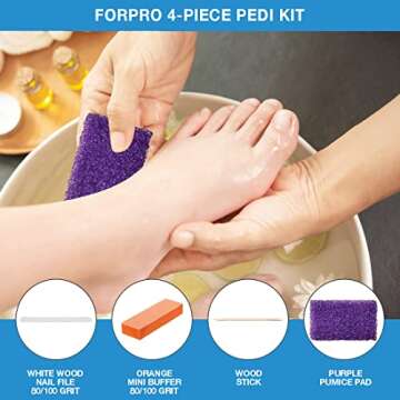 ForPro Professional Collection 4-Piece Pedicure Kit, 200-Count, Individually-Packed, Purple Pumice Pad, White Wood Nail File 80/100 Grit, Orange Mini Buffer 80/100 Grit, Wood Stick