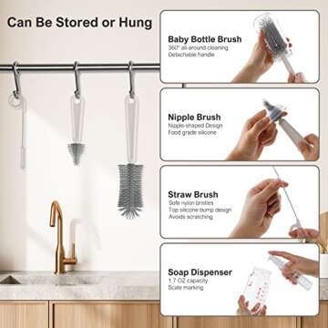 Baby Bottle Cleaner Kit - 6 in 1 with Extendable Silicone Bottle Brush, Drying Rack, Nipple & Straw Brushes, Soap Dispenser & Organizer Case - Perfect Gifts for Babies & Moms - White