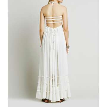 R.Vivimos Womens Summer Boho Sexy Backless Long Dresses (Small, White)