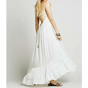 R.Vivimos Womens Summer Boho Sexy Backless Long Dresses (Small, White)