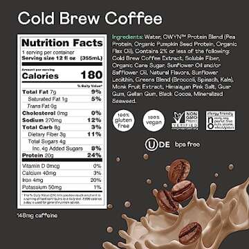 OWYN Only What You Need Vegan Plant-Based Protein Shake, Cold Brew Coffee, 12 Pack, with 20g Plant Protein, Omega-3, Prebiotic supplements, Superfoods Greens Blend, Gluten-Free, Soy-Free, Non-GMO