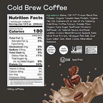 OWYN Only What You Need Vegan Plant-Based Protein Shake, Cold Brew Coffee, 12 Pack, with 20g Plant Protein, Omega-3, Prebiotic supplements, Superfoods Greens Blend, Gluten-Free, Soy-Free, Non-GMO