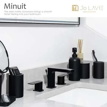Jo Lavie Matte Black Bathroom Accessories Set, 4 Pcs Organizer with Soap Dispenser, Qtip Holder, Tum...