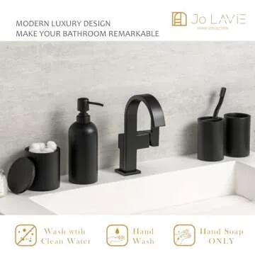 Jo Lavie Matte Black Bathroom Accessories Set, 4 Pcs Organizer with Soap Dispenser, Qtip Holder, Tumbler, Toothbrush Holder – Accesorios para Baño Moderno
