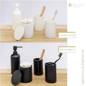 Jo Lavie Matte Black Bathroom Accessories Set, 4 Pcs Organizer with Soap Dispenser, Qtip Holder, Tumbler, Toothbrush Holder – Accesorios para Baño Moderno