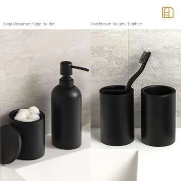Jo Lavie Matte Black Bathroom Accessories Set, 4 Pcs Organizer with Soap Dispenser, Qtip Holder, Tumbler, Toothbrush Holder – Accesorios para Baño Moderno
