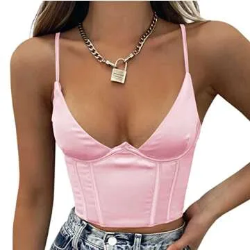 SAFRISIOR Women Spaghetti Strap V Neck Bustier Corset Top Sleeveless Slim Sexy Crop Cami Top Clubwea...