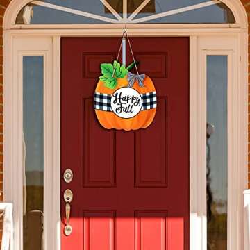 Thanksgiving Wood Pumpkin Sign Hanging Thanksgiving Wooden Sign Buffalo Plaid Pumpkin Sign Happy Fall Decoration Plaque for Indoor Outdoor Fall Decor Home Thanksgiving Decoration