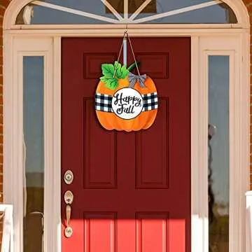 Thanksgiving Wood Pumpkin Sign Hanging Thanksgiving Wooden Sign Buffalo Plaid Pumpkin Sign Happy Fall Decoration Plaque for Indoor Outdoor Fall Decor Home Thanksgiving Decoration