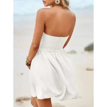 Wenrine Women's Sexy Strapless Summer Mini Dress Sleeveless Smocked A Lined Bubble Wedding Club Party Dress White, Medium