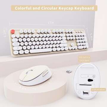 Wireless Keyboard and Mouse Combo, Ergonomic Full Size Typewriter Retro Round Keycaps Keyboard, Compatible with Windows, PC, Perfer for Home and Office Keyboards (Beige