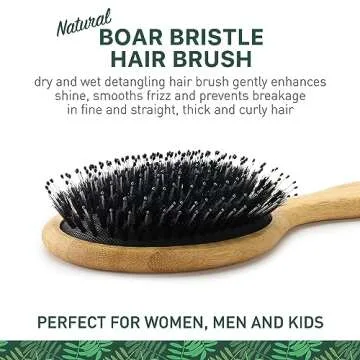 Natural Boar Bristle Hair Brush for Women, Men, Kids; Dry and Wet Detangling Hair Brush Gently Enhan...
