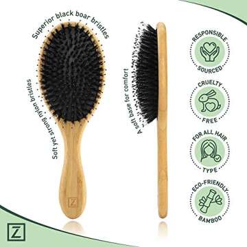Natural Boar Bristle Hair Brush for Women, Men, Kids; Dry and Wet Detangling Hair Brush Gently Enhances Shine, Smooths Frizz and Prevents Breakage in Fine and Straight, Thick and Curly Hair (oval)