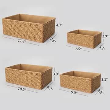 PROLAND Recycled Wicker Storage Basket, Paper Rope Storage Baskets for Organizing Container Bins for Shelves Cupboards Drawer, Small Woven Basket Set of 4