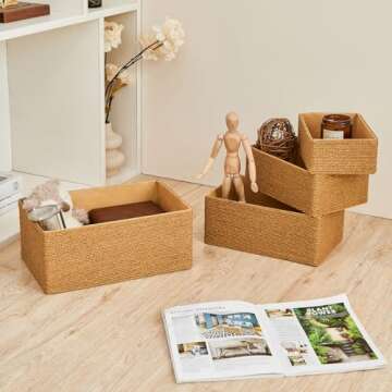 PROLAND Recycled Wicker Storage Basket, Paper Rope Storage Baskets for Organizing Container Bins for Shelves Cupboards Drawer, Small Woven Basket Set of 4