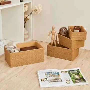 PROLAND Recycled Wicker Storage Basket, Paper Rope Storage Baskets for Organizing Container Bins for Shelves Cupboards Drawer, Small Woven Basket Set of 4
