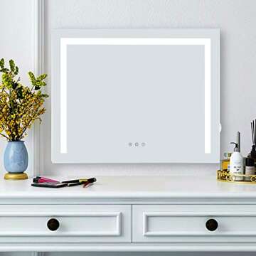 SHOWTIMEZ Vanity Mirror with Lights, 27.5" W x 21.5" H Tabletop Wall-Mounted Makeup Mirror with Dimmable 3 Modes LED Backlit Light Strip, Touch Screen Control Cosmetic Mirror with USB Outlet