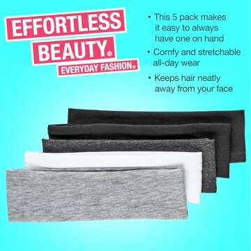 Scunci by Conair Soft Stretchable Headbands- accessories for women - mens headband - running headband- Assorted Colors - 5 Count