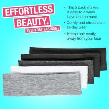 Scunci by Conair Soft Stretchable Headbands- accessories for women - mens headband - running headband- Assorted Colors - 5 Count