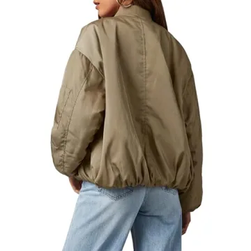 Tankaneo Womens Zip Up Bomber Jacket Oversized Fashion Casual Fully Lined Winter Coats With Pockets