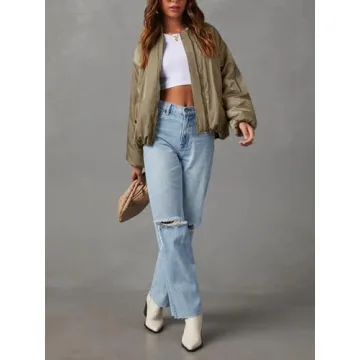 Tankaneo Womens Zip Up Bomber Jacket Oversized Fashion Casual Fully Lined Winter Coats With Pockets