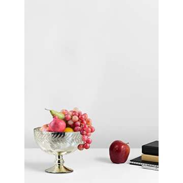 Serene Spaces Living Silver Etched Leaf Mercury Glass Bowl, Vintage Compote Bowl, Measures 7.5" Tall