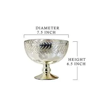 Serene Spaces Living Silver Etched Leaf Mercury Glass Bowl, Vintage Compote Bowl, Measures 7.5" Tall